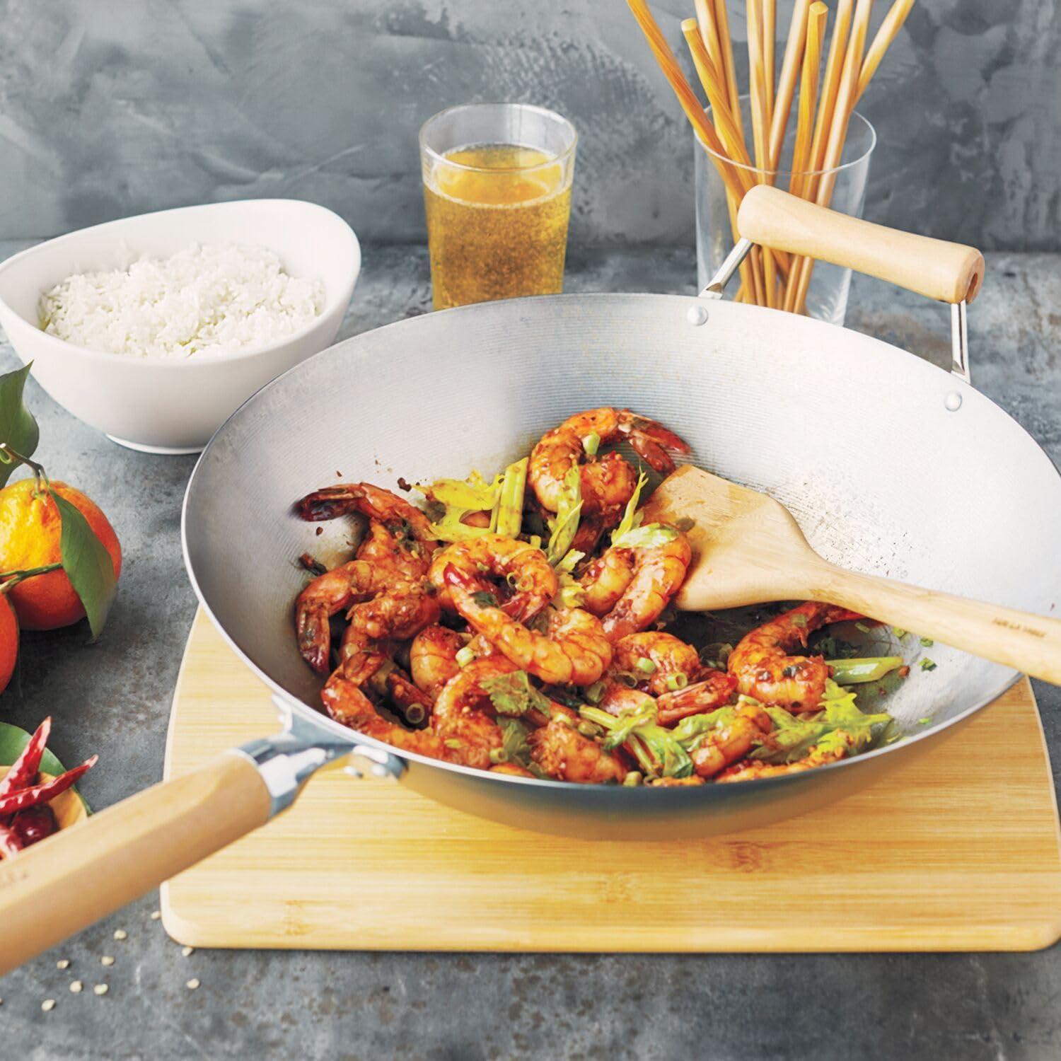 Sur La Table 14″ Carbon-Steel Wok, Flat Bottom Pan for High-Heat Cooking – Ideal for Deep-Frying, Steaming, and Stir-Frying– Lightweight, Fast Heating(Silver) - view 3