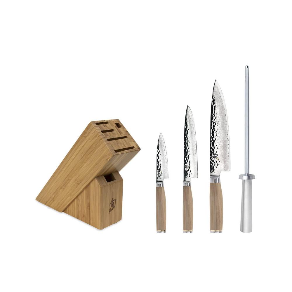 Shun Premier Blonde 5 Piece Starter Block Set, Includes 8″ Chef, 4″ Paring, 6.5″ Utility Knives, Honing Steel & Bamboo Knife Block, Handcrafted Japanese Knife Set, Pakkawood Handles(Blonde)