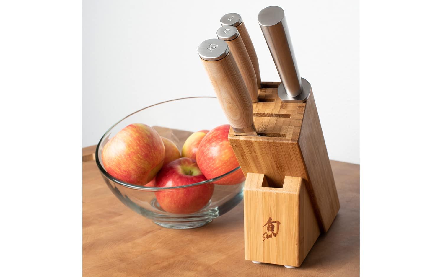 Shun Premier Blonde 5 Piece Starter Block Set, Includes 8″ Chef, 4″ Paring, 6.5″ Utility Knives, Honing Steel & Bamboo Knife Block, Handcrafted Japanese Knife Set, Pakkawood Handles(Blonde) - view 2