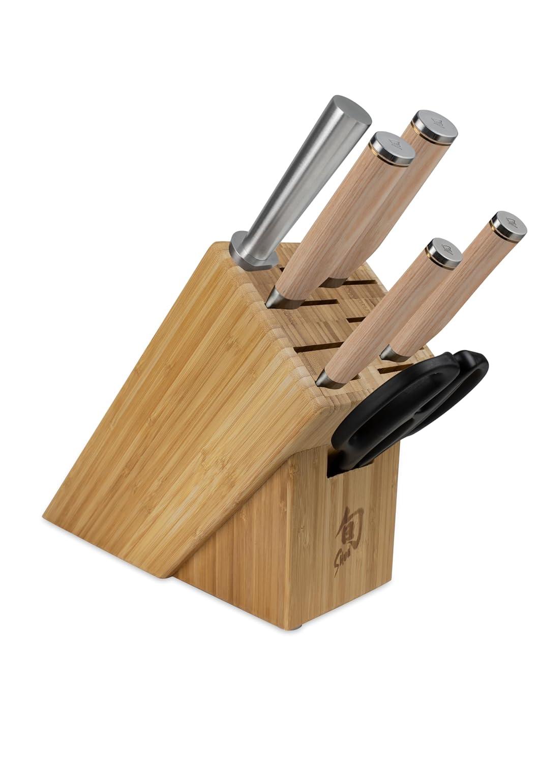 Shun Premier Blonde 5 Piece Starter Block Set, Includes 8″ Chef, 4″ Paring, 6.5″ Utility Knives, Honing Steel & Bamboo Knife Block, Handcrafted Japanese Knife Set, Pakkawood Handles(Blonde) - view 3