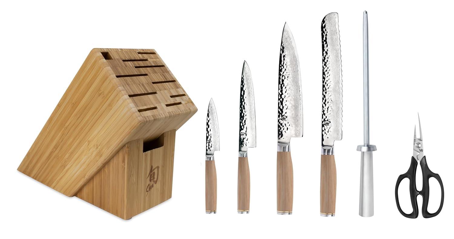 Shun Premier Blonde 5 Piece Starter Block Set, Includes 8″ Chef, 4″ Paring, 6.5″ Utility Knives, Honing Steel & Bamboo Knife Block, Handcrafted Japanese Knife Set, Pakkawood Handles(Blonde) - view 4