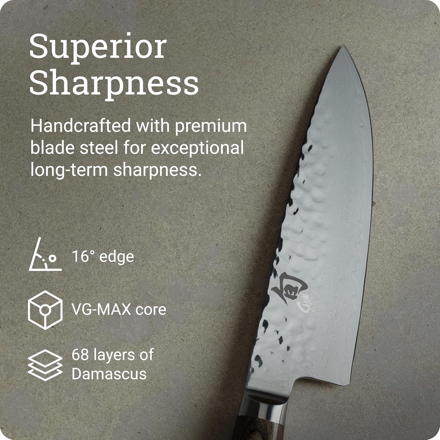Shun Premier Blonde 8″ Chef’s Knife, Handcrafted Japanese Kitchen Knife for Professional and Home Chefs, VG-MAX Core with Damascus Stainless Steel Cladding, Pakkawood Handle(Brown) - view 4