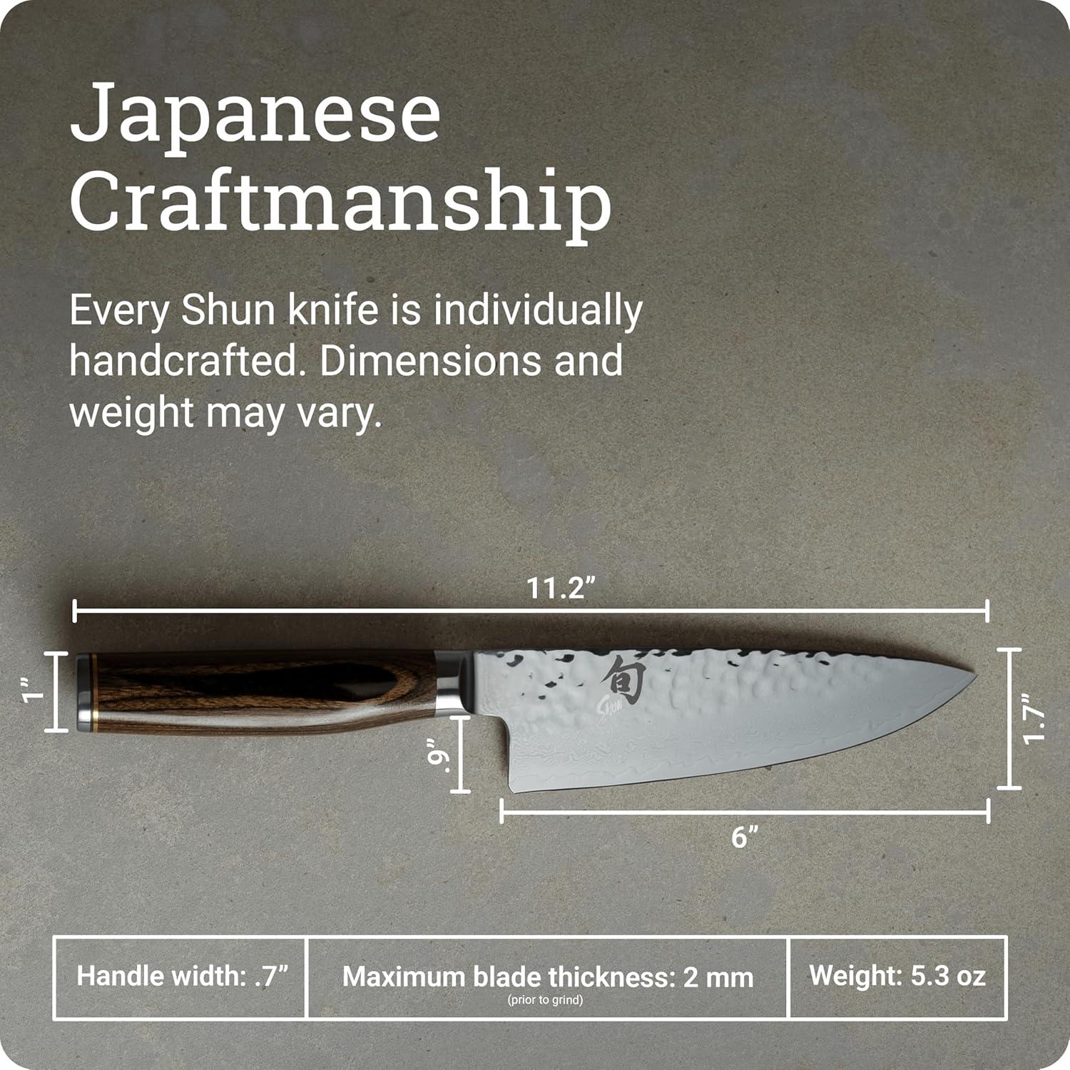 Shun Premier Blonde 8″ Chef’s Knife, Handcrafted Japanese Kitchen Knife for Professional and Home Chefs, VG-MAX Core with Damascus Stainless Steel Cladding, Pakkawood Handle(Brown) - view 6