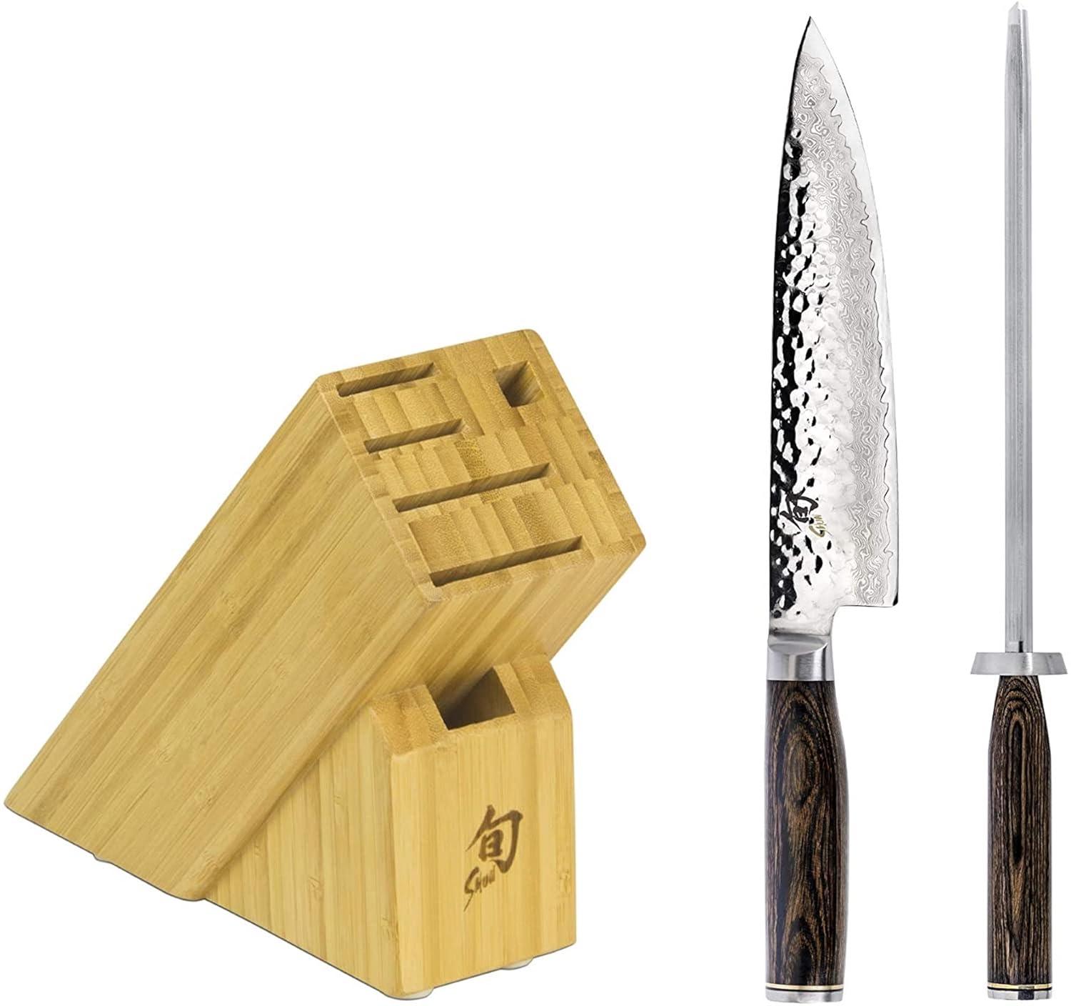 Shun Premier Blonde 5 Piece Starter Block Set, Includes 8″ Chef, 4″ Paring, 6.5″ Utility Knives, Honing Steel & Bamboo Knife Block, Handcrafted Japanese Knife Set, Pakkawood Handles(Brown) - view 3