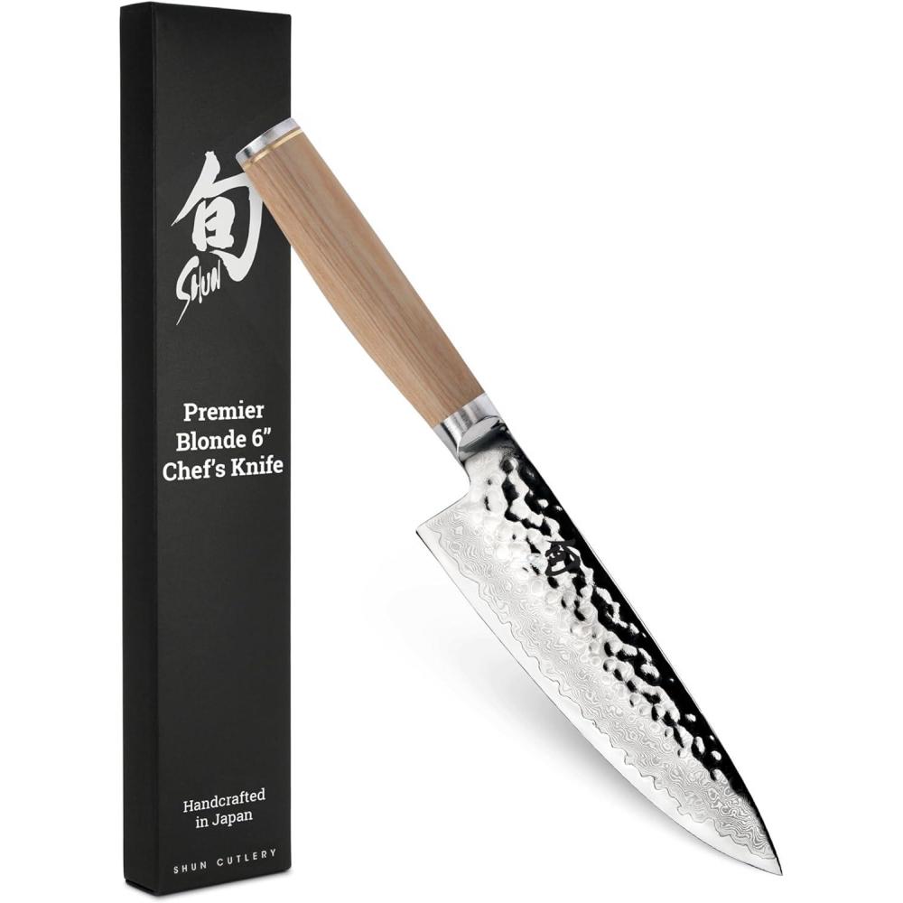 Shun Premier Blonde 8″ Chef’s Knife, Handcrafted Japanese Kitchen Knife for Professional and Home Chefs, VG-MAX Core with Damascus Stainless Steel Cladding, Pakkawood Handle(Blonde)