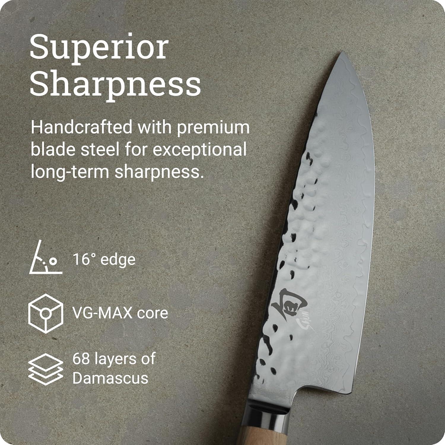 Shun Premier Blonde 8″ Chef’s Knife, Handcrafted Japanese Kitchen Knife for Professional and Home Chefs, VG-MAX Core with Damascus Stainless Steel Cladding, Pakkawood Handle(Blonde) - view 3
