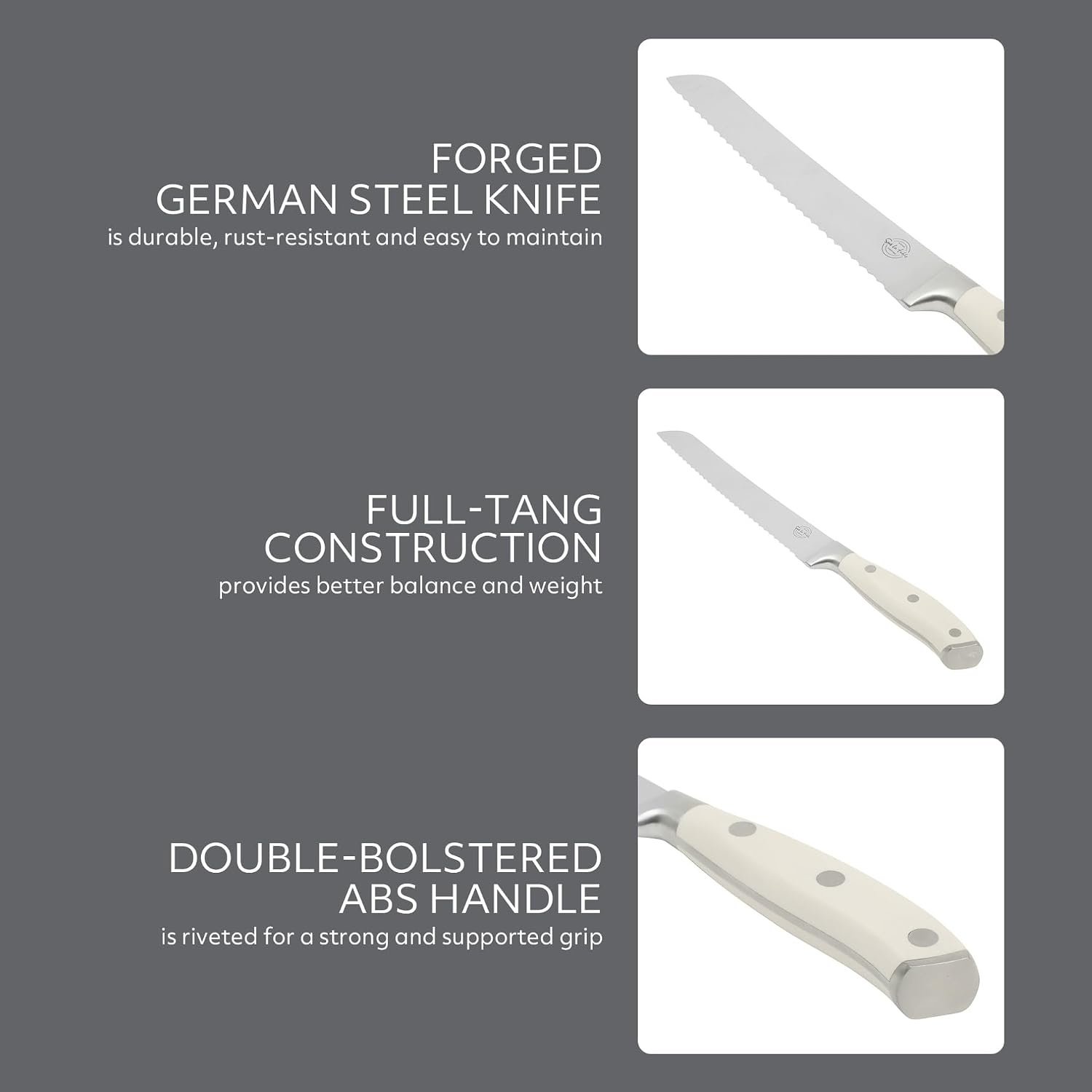 Sur La Table Kitchen Essential Tasting Kitchen German Steel Bread Knife, 8-Inch Stainless Steel Blade – Professional Kitchen Knife with White Handle and Forged Full Tang - view 4