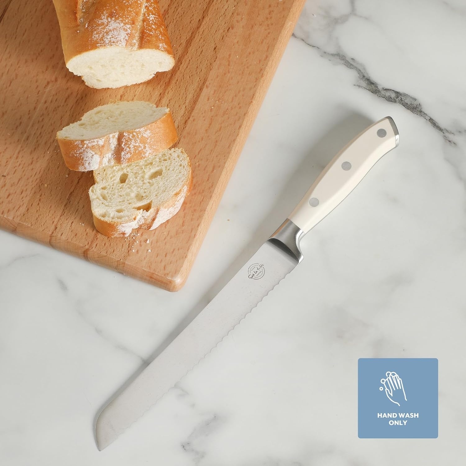 Sur La Table Kitchen Essential Tasting Kitchen German Steel Bread Knife, 8-Inch Stainless Steel Blade – Professional Kitchen Knife with White Handle and Forged Full Tang - view 5