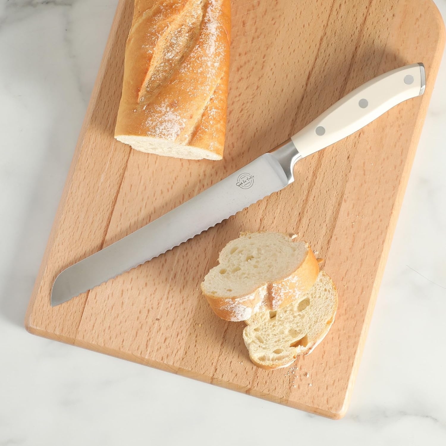 Sur La Table Kitchen Essential Tasting Kitchen German Steel Bread Knife, 8-Inch Stainless Steel Blade – Professional Kitchen Knife with White Handle and Forged Full Tang - view 6