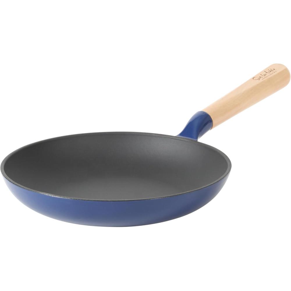 Sur La Table Kitchen Essential Main Canteen 9.5″ Pre-Seasoned Cast Iron Skillet w/Wood Handle, Natural Nonstick Lightweight Frying Pan for Searing, Sautéing & Everyday Cooking – Blue(Blue (Skillet))