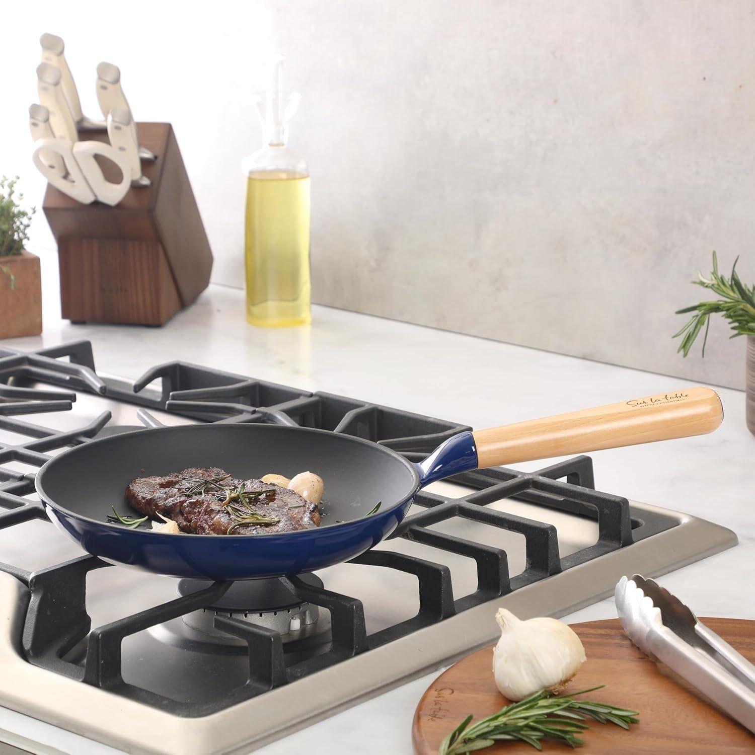 Sur La Table Kitchen Essential Main Canteen 9.5″ Pre-Seasoned Cast Iron Skillet w/Wood Handle, Natural Nonstick Lightweight Frying Pan for Searing, Sautéing & Everyday Cooking – Blue(Blue (Skillet)) - view 2