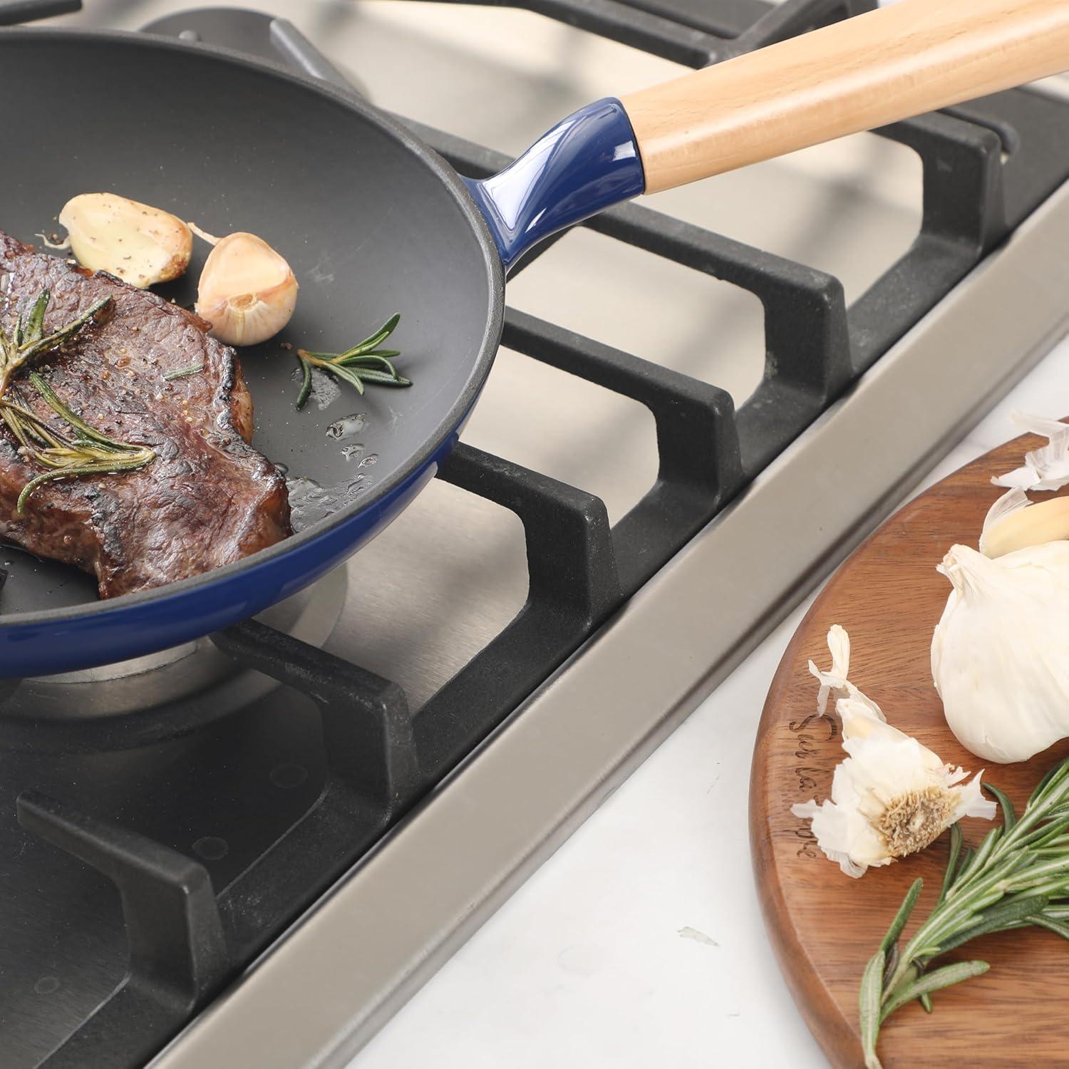 Sur La Table Kitchen Essential Main Canteen 9.5″ Pre-Seasoned Cast Iron Skillet w/Wood Handle, Natural Nonstick Lightweight Frying Pan for Searing, Sautéing & Everyday Cooking – Blue(Blue (Skillet)) - view 3