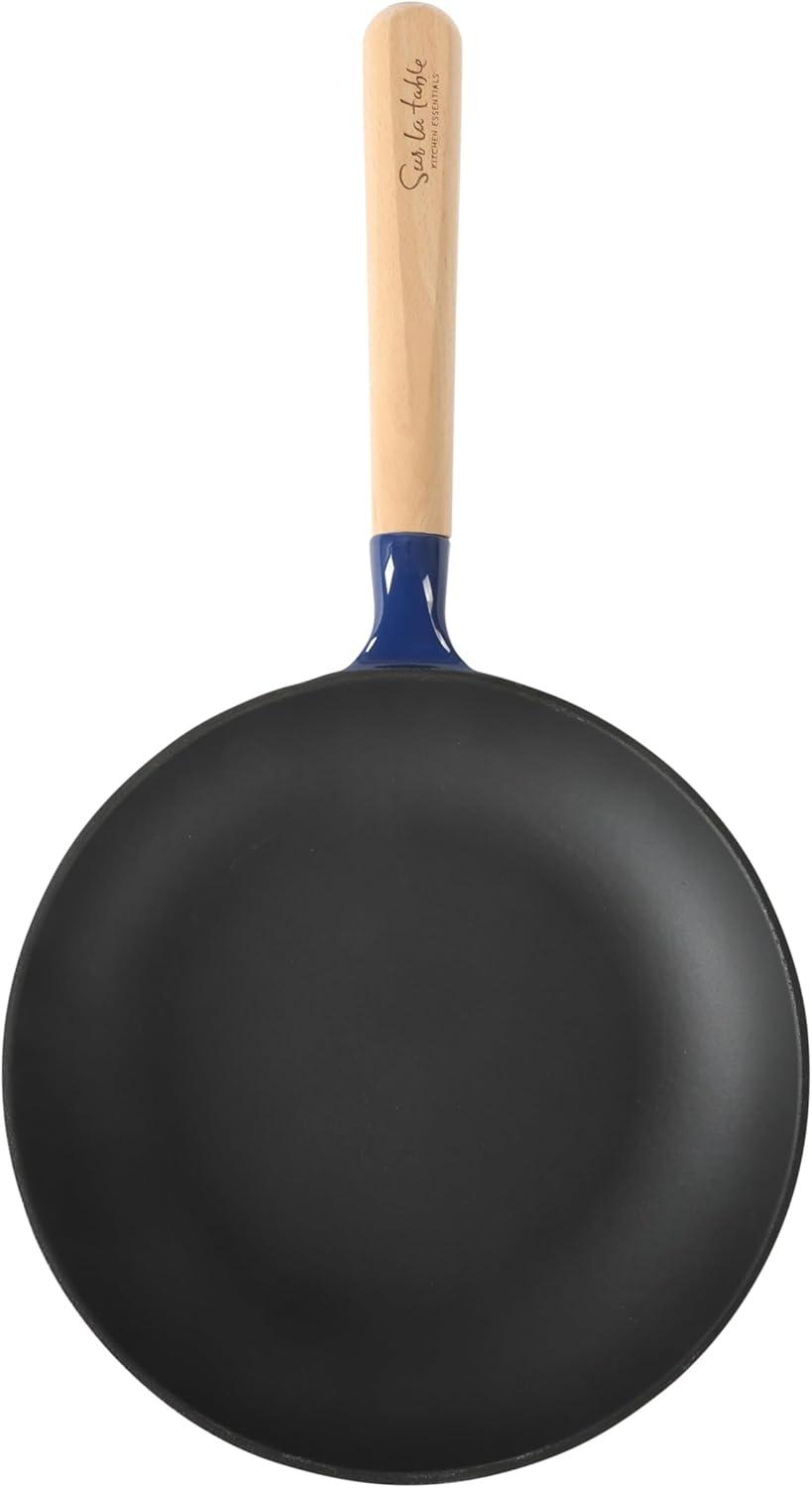 Sur La Table Kitchen Essential Main Canteen 9.5″ Pre-Seasoned Cast Iron Skillet w/Wood Handle, Natural Nonstick Lightweight Frying Pan for Searing, Sautéing & Everyday Cooking – Blue(Blue (Skillet)) - view 6