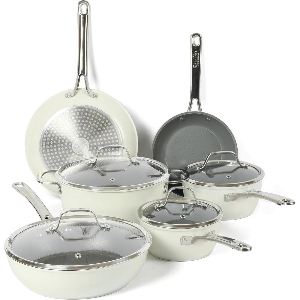 Sur La Table Kitchen Essentials 10 Piece PFA Free Non-Toxic Titanium Ceramic Nonstick Interior Forged Aluminum Cookware Pots and Pans Set – Linen White – Induction Compatible(Linen White)