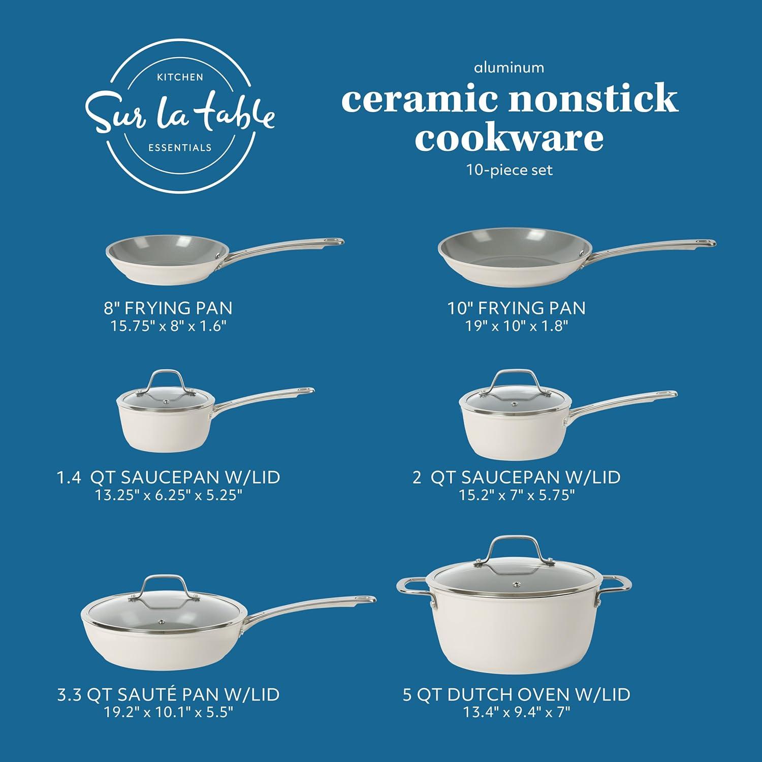 Sur La Table Kitchen Essentials 10 Piece PFA Free Non-Toxic Titanium Ceramic Nonstick Interior Forged Aluminum Cookware Pots and Pans Set – Linen White – Induction Compatible(Linen White) - view 2