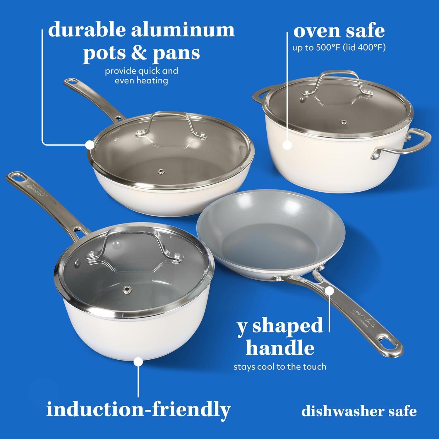 Sur La Table Kitchen Essentials 10 Piece PFA Free Non-Toxic Titanium Ceramic Nonstick Interior Forged Aluminum Cookware Pots and Pans Set – Linen White – Induction Compatible(Linen White) - view 3