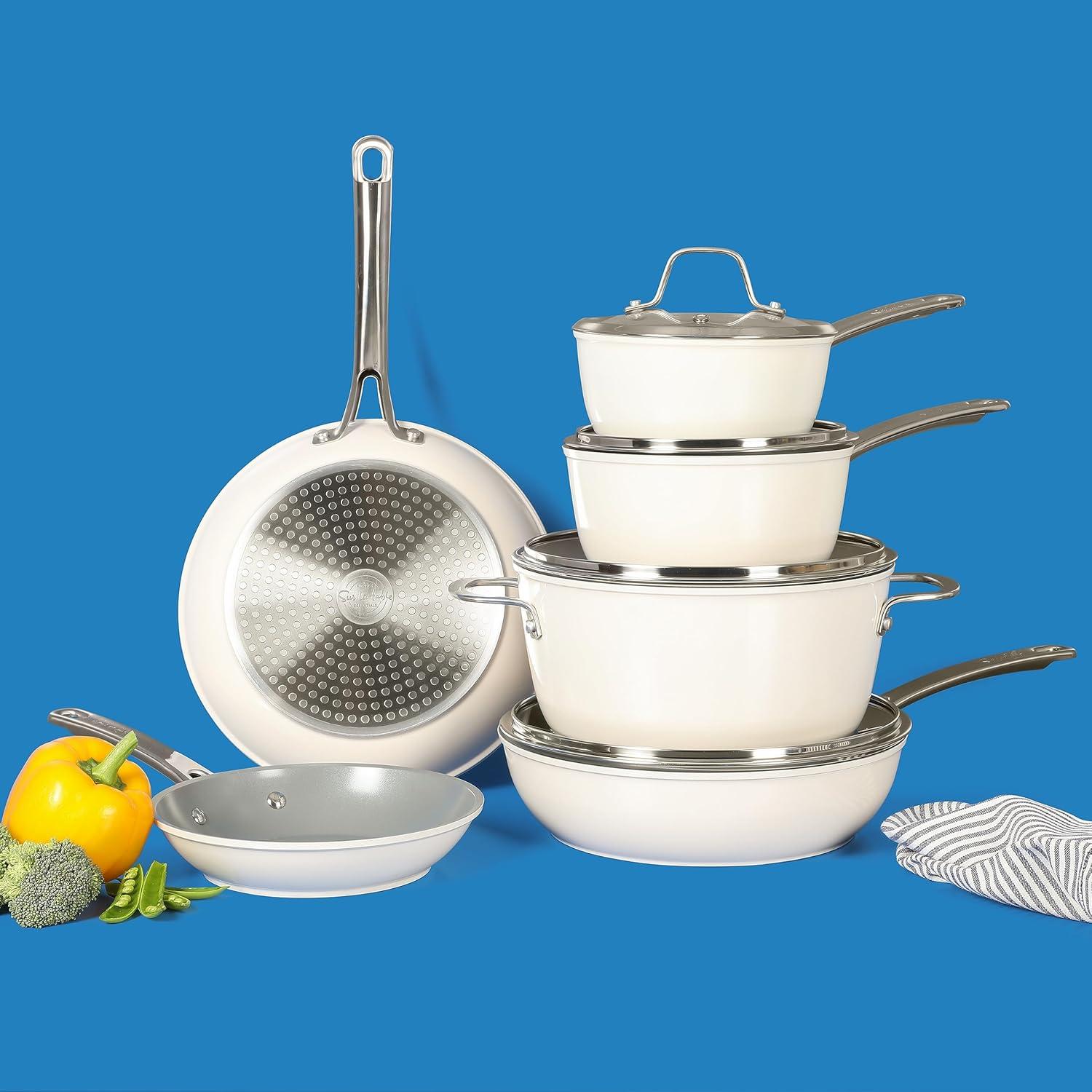 Sur La Table Kitchen Essentials 10 Piece PFA Free Non-Toxic Titanium Ceramic Nonstick Interior Forged Aluminum Cookware Pots and Pans Set – Linen White – Induction Compatible(Linen White) - view 6