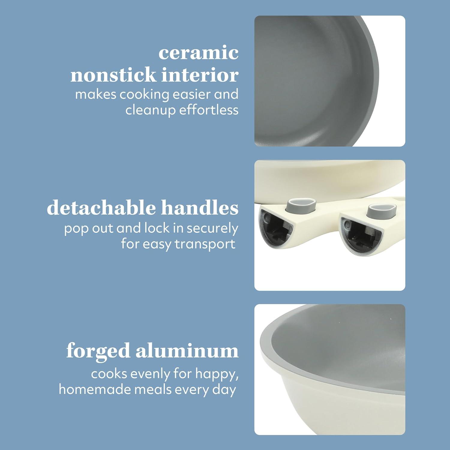 Sur La Table Kitchen Essentials 13 Piece Detachable Handle Pots and Pans Premium PFA Free Premium Ceramic Non Stick Induction Safe and Secure Removable Handle Cookware Set – Eggshell White(Eggshell White) - view 4