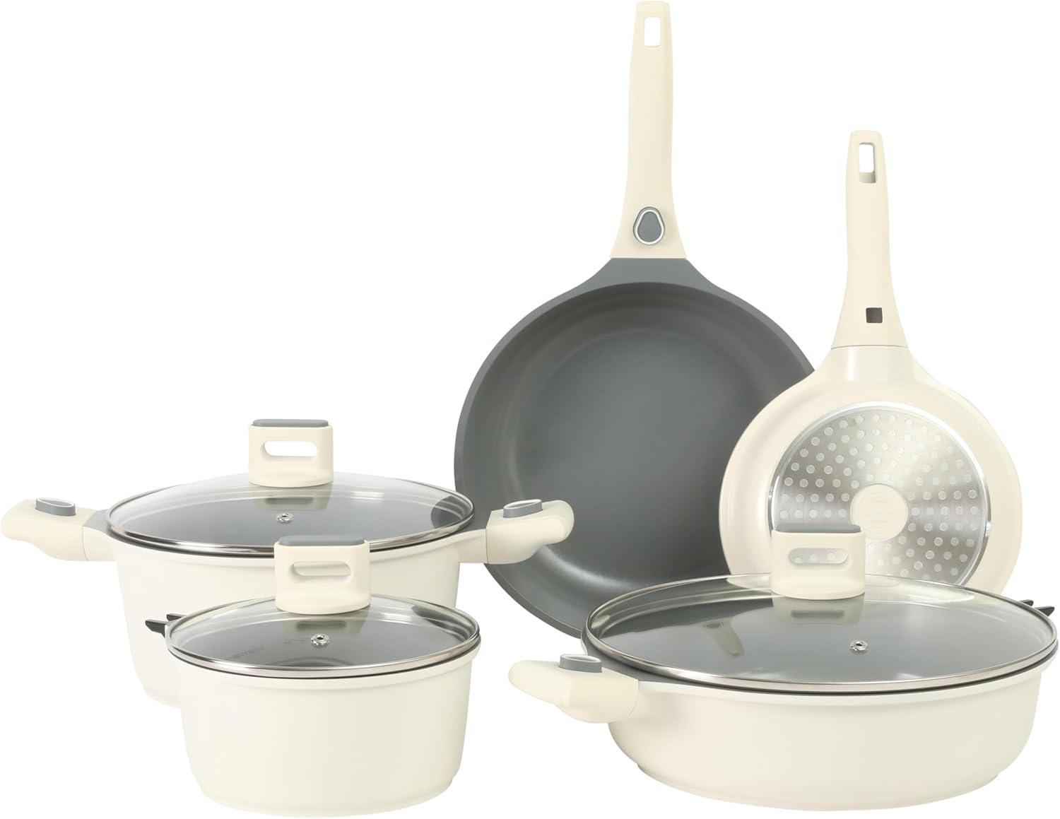 Sur La Table Kitchen Essentials 13 Piece Detachable Handle Pots and Pans Premium PFA Free Premium Ceramic Non Stick Induction Safe and Secure Removable Handle Cookware Set – Eggshell White(Eggshell White) - view 8