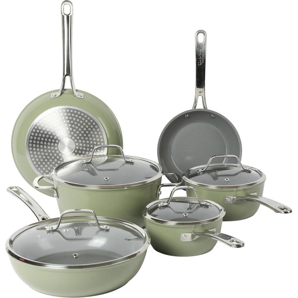 Sur La Table Kitchen Essentials 10 Piece PFA Free Non-Toxic Titanium Ceramic Nonstick Interior Forged Aluminum Cookware Pots and Pans Set – Linen White – Induction Compatible(Green)