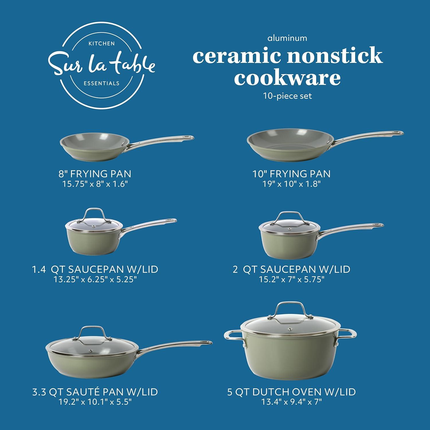 Sur La Table Kitchen Essentials 10 Piece PFA Free Non-Toxic Titanium Ceramic Nonstick Interior Forged Aluminum Cookware Pots and Pans Set – Linen White – Induction Compatible(Green) - view 2
