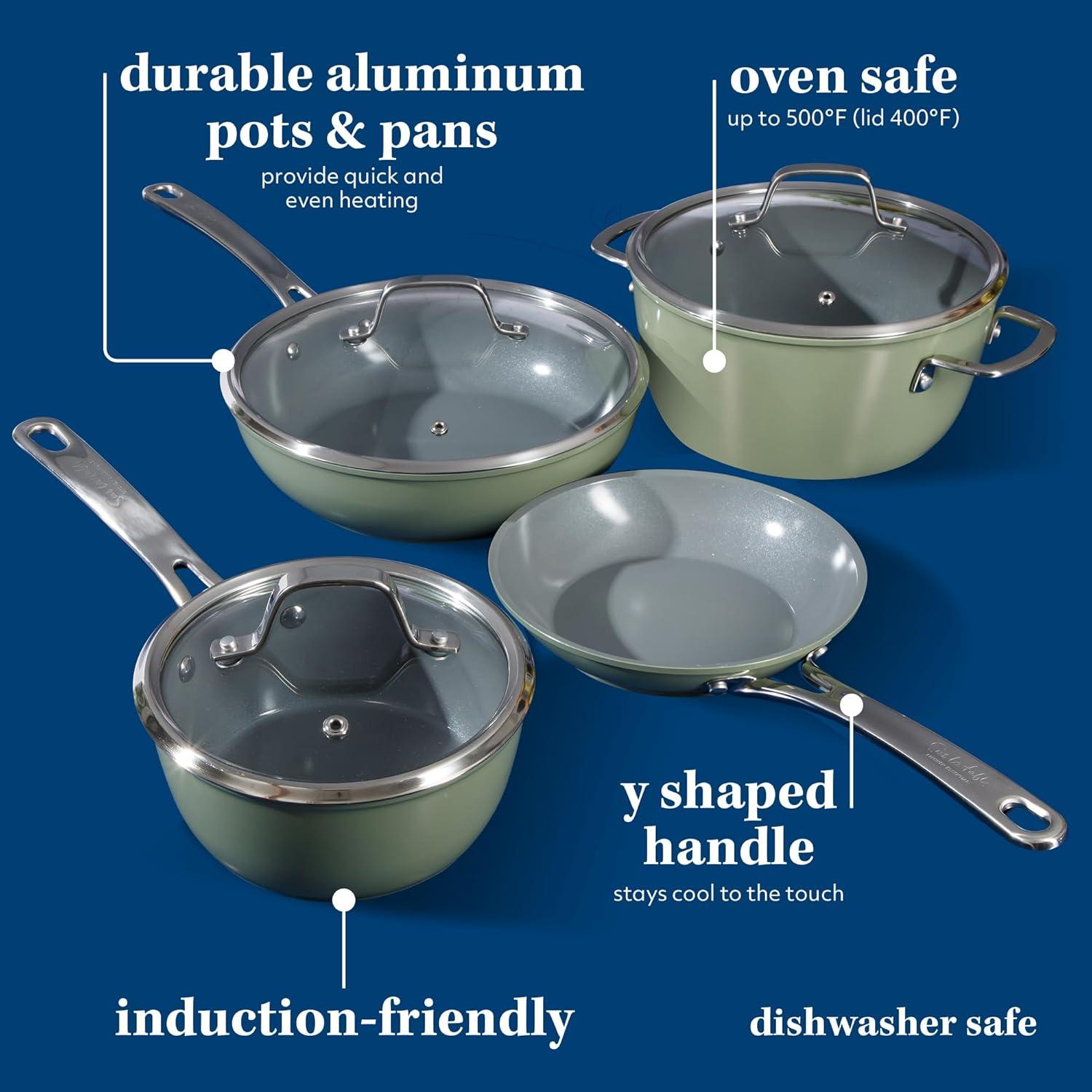 Sur La Table Kitchen Essentials 10 Piece PFA Free Non-Toxic Titanium Ceramic Nonstick Interior Forged Aluminum Cookware Pots and Pans Set – Linen White – Induction Compatible(Green) - view 3