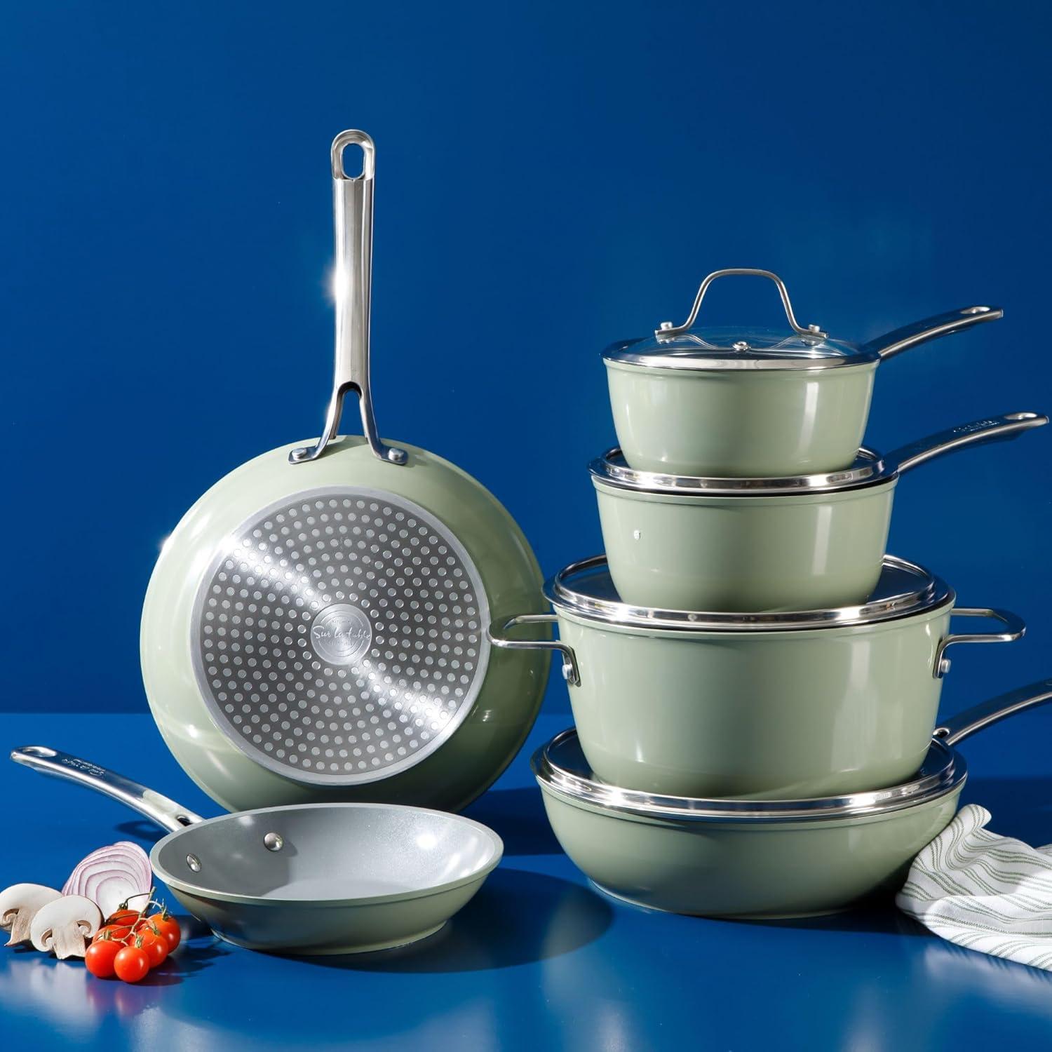 Sur La Table Kitchen Essentials 10 Piece PFA Free Non-Toxic Titanium Ceramic Nonstick Interior Forged Aluminum Cookware Pots and Pans Set – Linen White – Induction Compatible(Green) - view 6