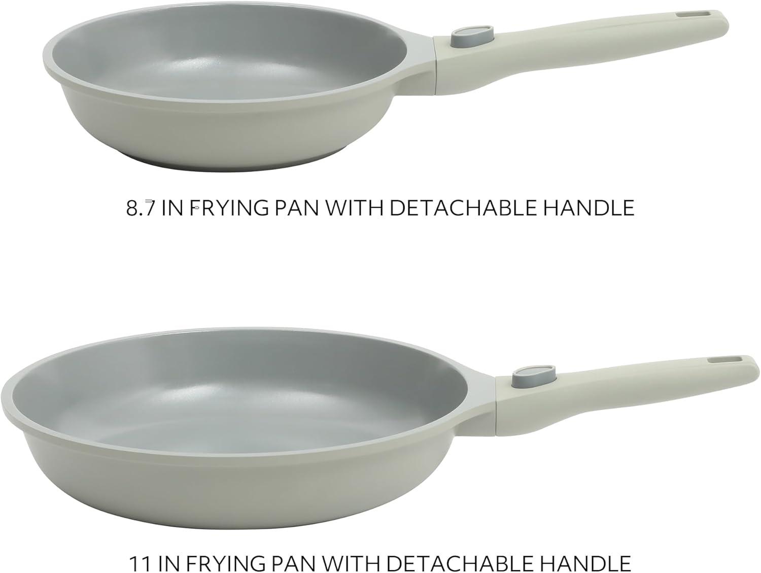Sur La Table Kitchen Essentials 13 Piece Detachable Handle Pots and Pans Premium PFA Free Premium Ceramic Non Stick Induction Safe and Secure Removable Handle Cookware Set – Eggshell White(Juniper Green) - view 3