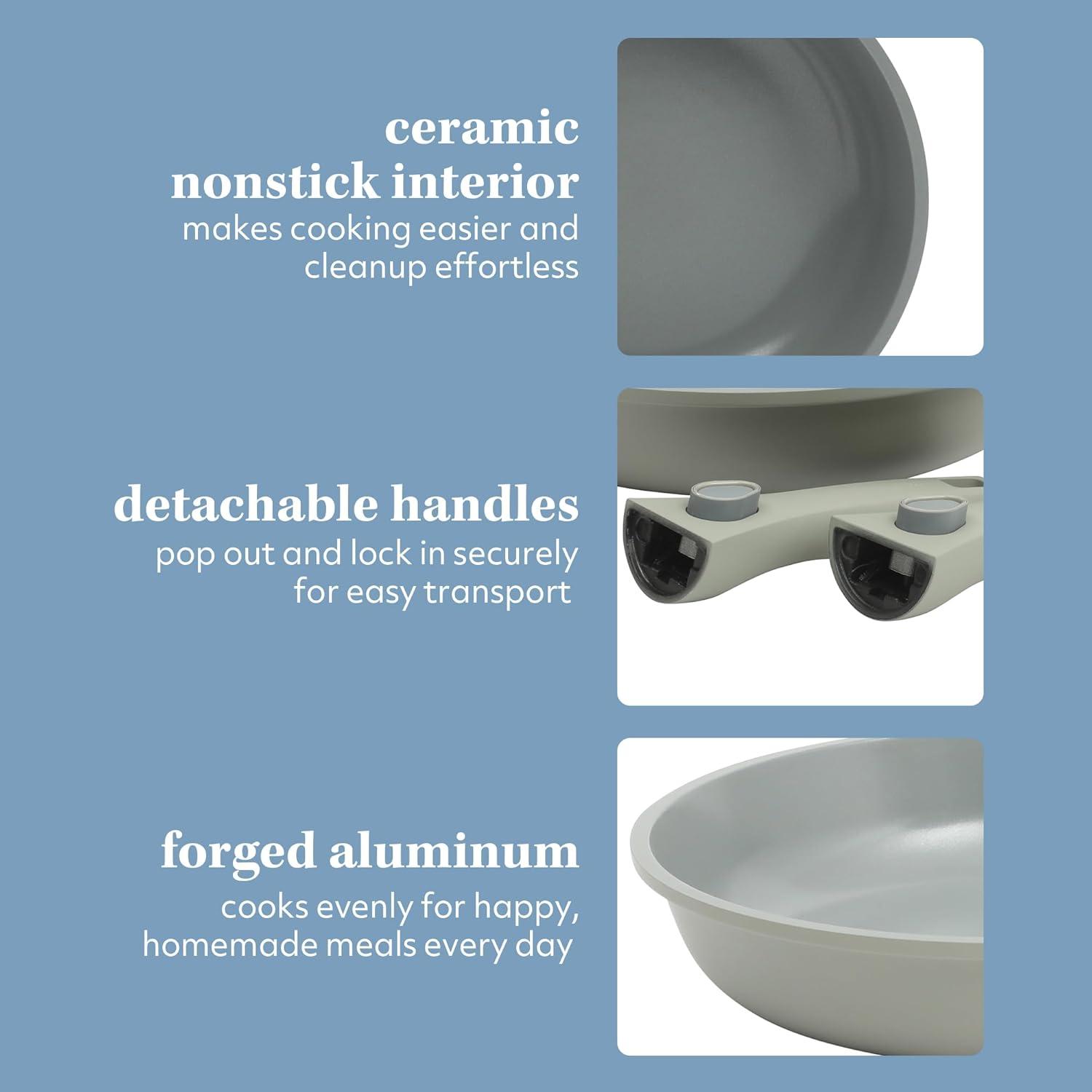 Sur La Table Kitchen Essentials 13 Piece Detachable Handle Pots and Pans Premium PFA Free Premium Ceramic Non Stick Induction Safe and Secure Removable Handle Cookware Set – Eggshell White(Juniper Green) - view 4