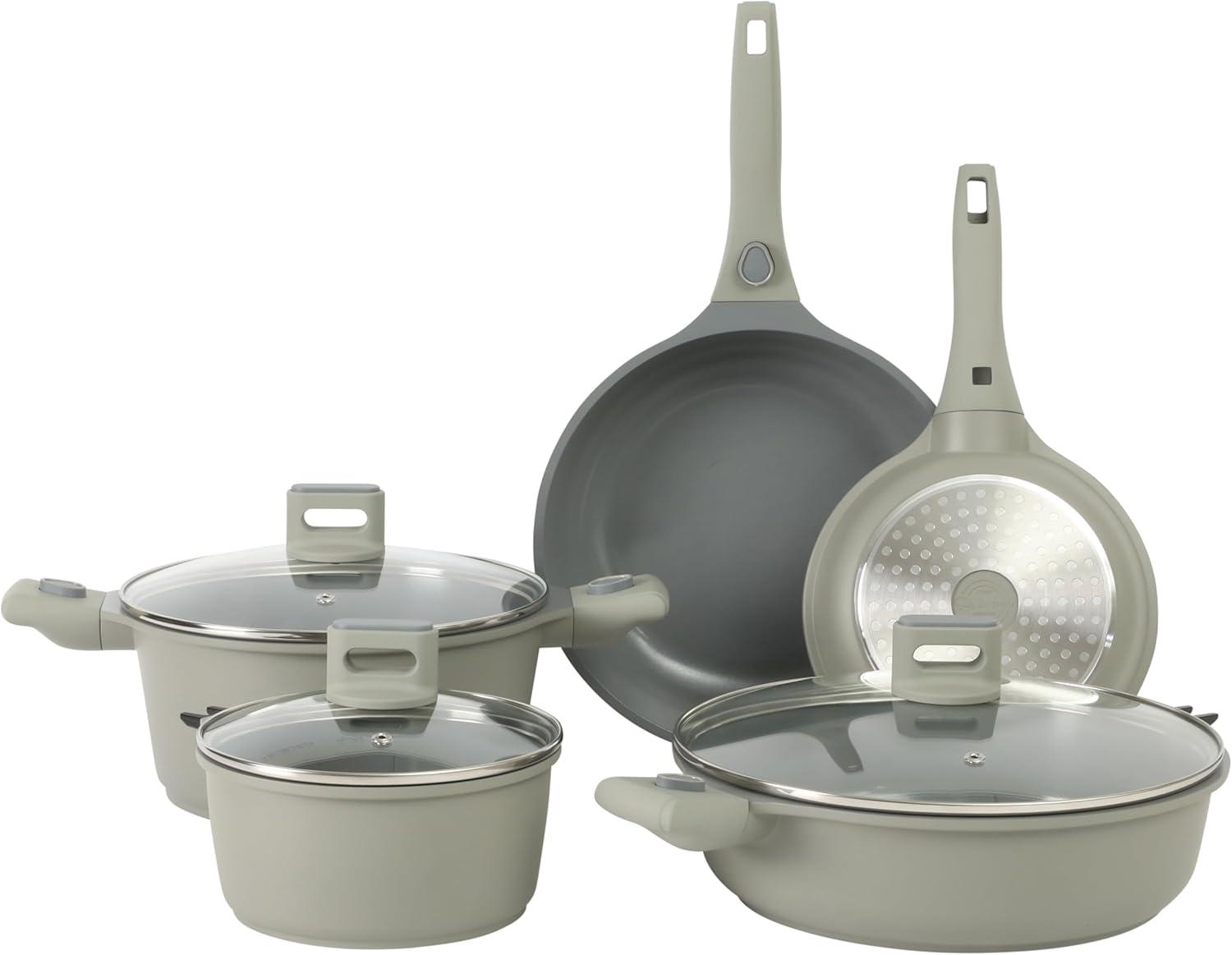 Sur La Table Kitchen Essentials 13 Piece Detachable Handle Pots and Pans Premium PFA Free Premium Ceramic Non Stick Induction Safe and Secure Removable Handle Cookware Set – Eggshell White(Juniper Green) - view 8