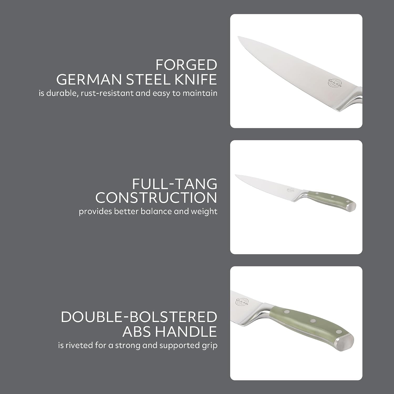 Sur La Table Kitchen Essential Tasting Kitchen German Steel Chef’s Knife, 8-Inch Stainless Steel Blade – Professional Kitchen Knife with Black Handle and Forged Full Tang(Juniper Green) - view 3
