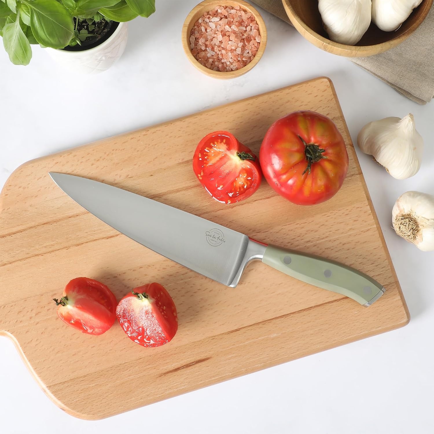 Sur La Table Kitchen Essential Tasting Kitchen German Steel Chef’s Knife, 8-Inch Stainless Steel Blade – Professional Kitchen Knife with Black Handle and Forged Full Tang(Juniper Green) - view 4