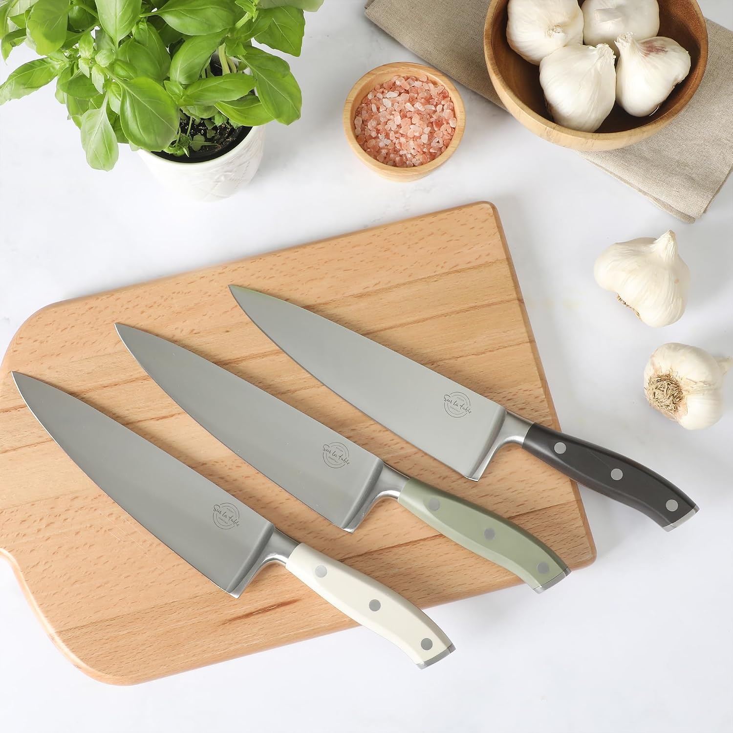 Sur La Table Kitchen Essential Tasting Kitchen German Steel Chef’s Knife, 8-Inch Stainless Steel Blade – Professional Kitchen Knife with Black Handle and Forged Full Tang(Juniper Green) - view 5