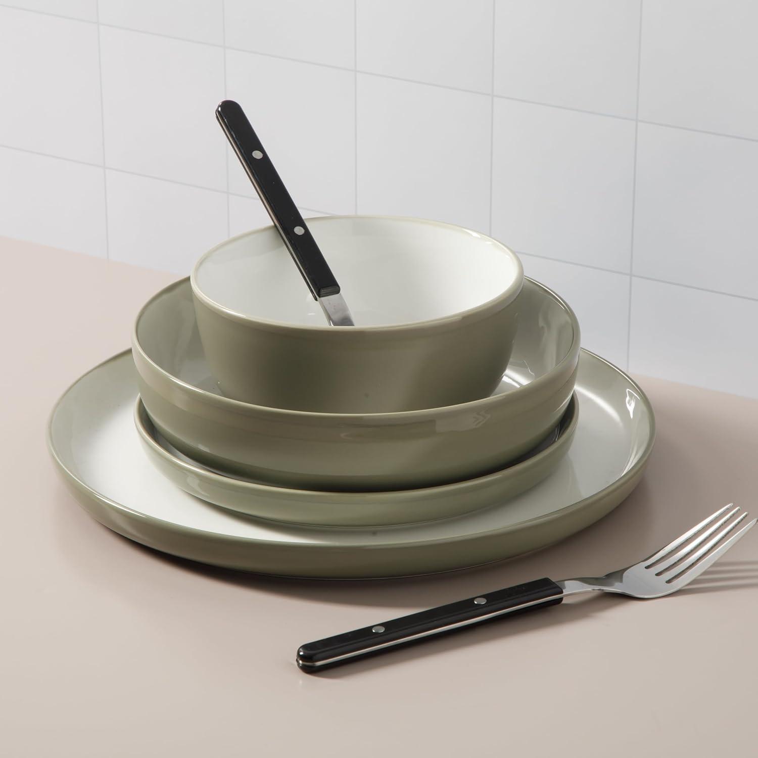 Sur La Table Kitchen Essentials 16 Piece Two-Tone Porcelain Chip and Scratch Resistant Dinnerware Plates and Bowls Set – Green/White(Grey/White) - view 3
