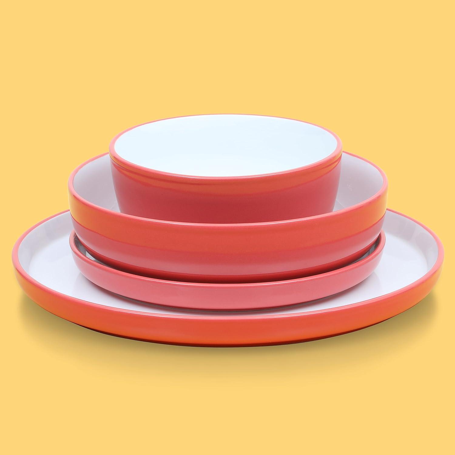 Sur La Table Kitchen Essentials 16 Piece Two-Tone Porcelain Chip and Scratch Resistant Dinnerware Plates and Bowls Set – Green/White(Red/White) - view 2