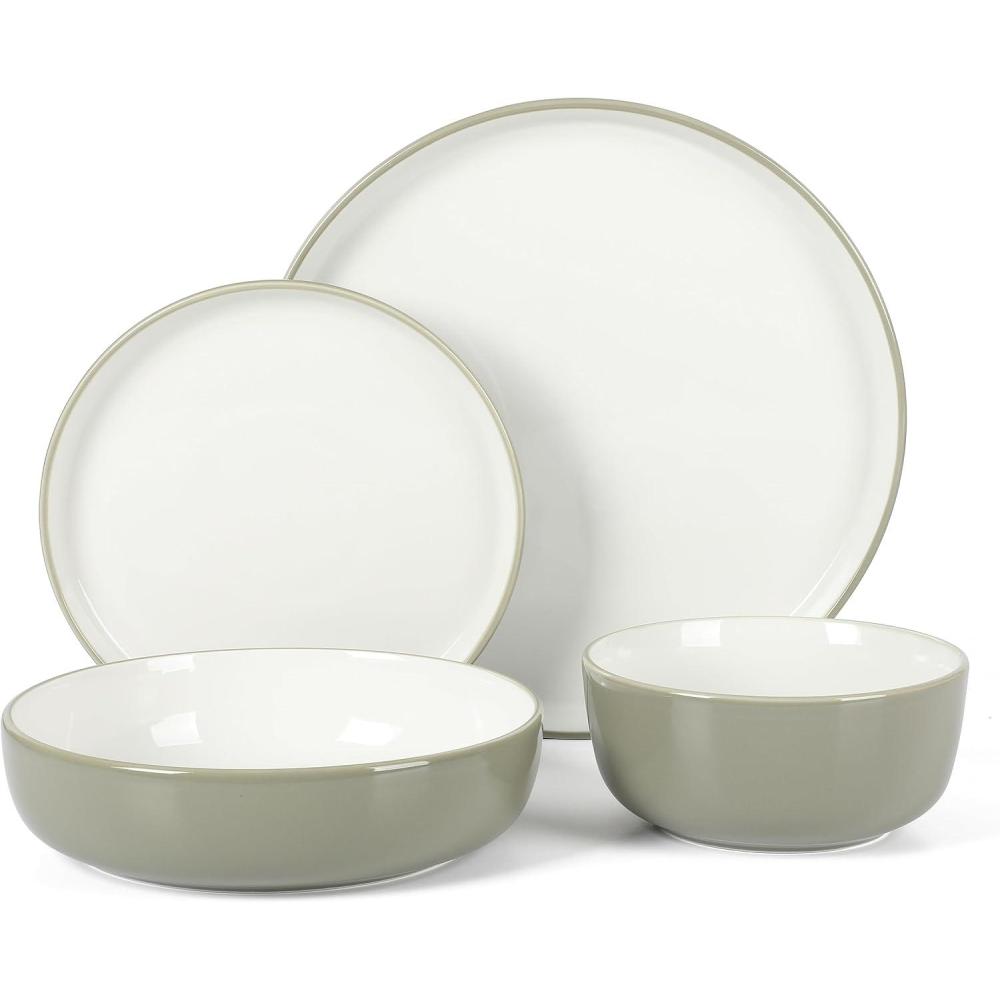 Sur La Table Kitchen Essentials 16 Piece Two-Tone Porcelain Chip and Scratch Resistant Dinnerware Plates and Bowls Set – Red/White(Grey/White)