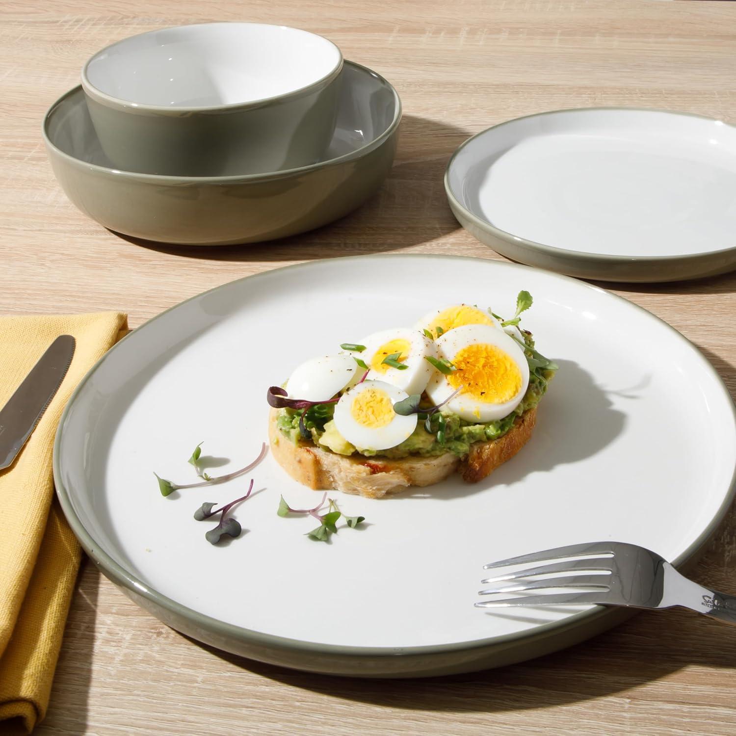 Sur La Table Kitchen Essentials 16 Piece Two-Tone Porcelain Chip and Scratch Resistant Dinnerware Plates and Bowls Set – Red/White(Grey/White) - view 6