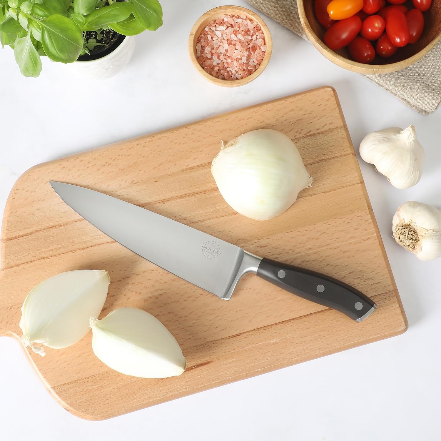 Sur La Table Kitchen Essential Tasting Kitchen German Steel Chef’s Knife, 8-Inch Stainless Steel Blade – Professional Kitchen Knife with Black Handle and Forged Full Tang(Black) - view 4