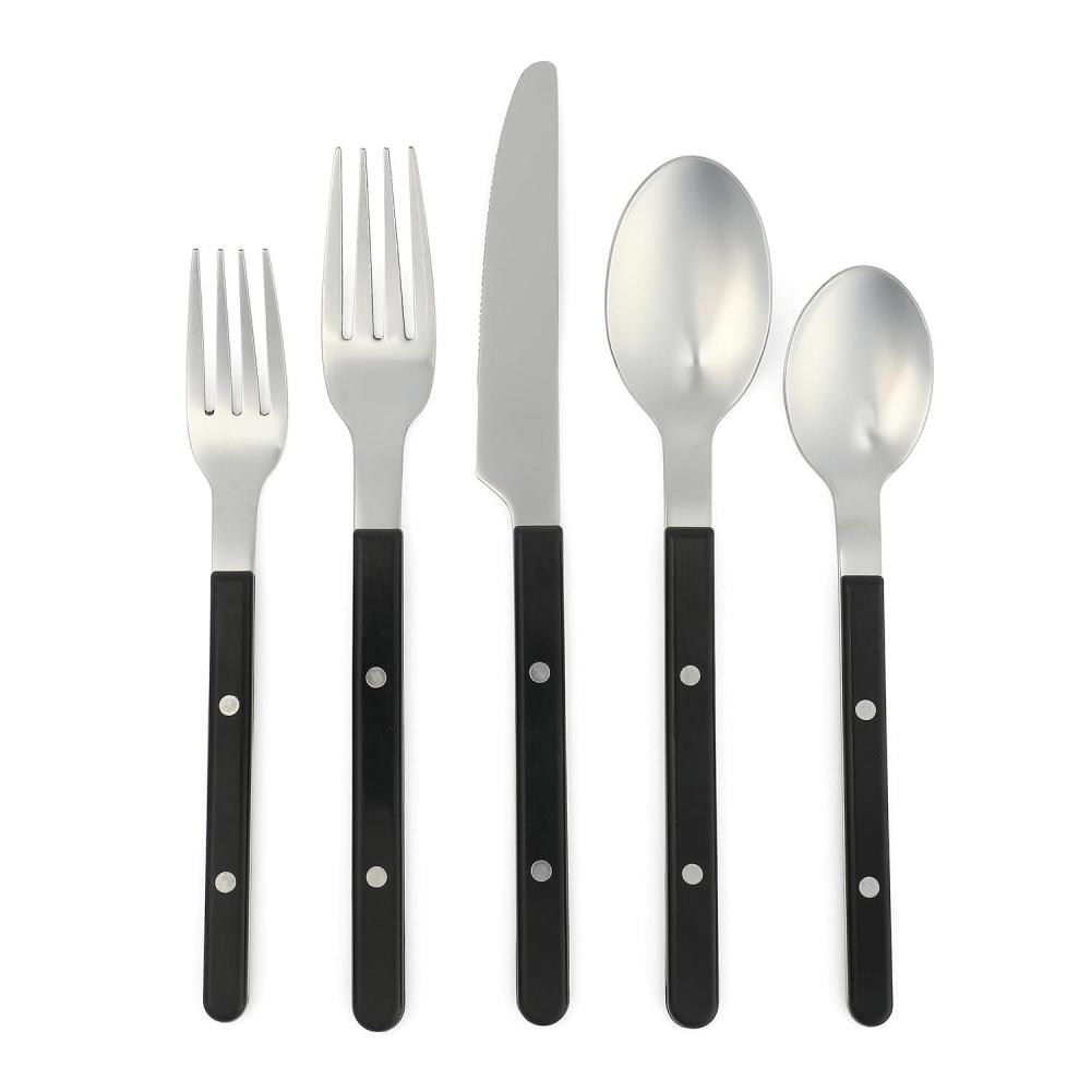 Sur La Table Kitchen Essentials 20 Piece Flatware Silverware Set – Stainless Steel Utensils – Forks, Spoons, Knives – Linen(Black)
