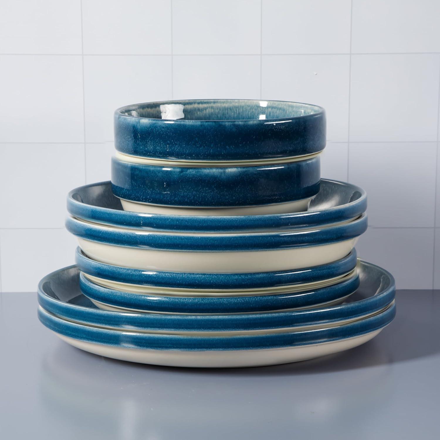Sur La Table Kitchen Essentials Banquette 16 Piece Double Bowl Plates and Bowls Reactive Glaze Stoneware Dinnerware Set – Green(Blue) - view 2
