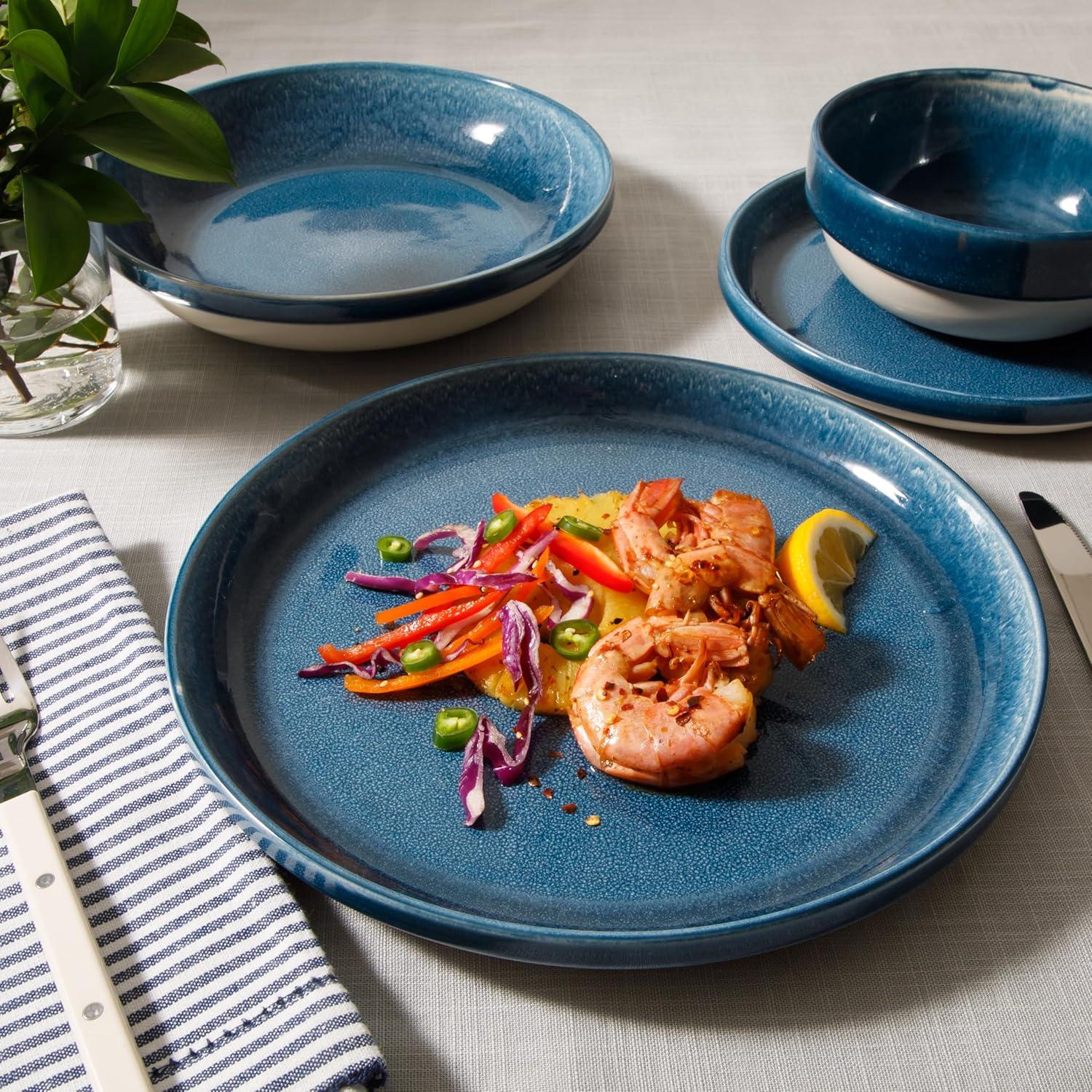 Sur La Table Kitchen Essentials Banquette 16 Piece Double Bowl Plates and Bowls Reactive Glaze Stoneware Dinnerware Set – Green(Blue) - view 6