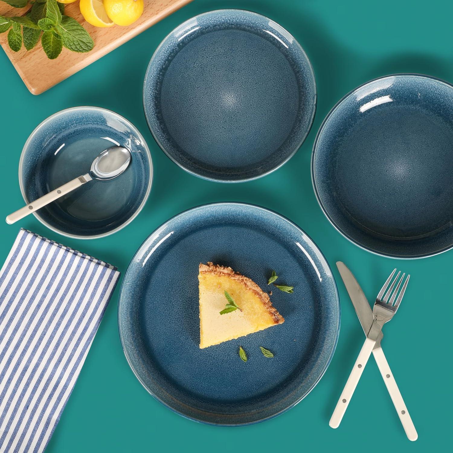Sur La Table Kitchen Essentials Banquette 16 Piece Double Bowl Plates and Bowls Reactive Glaze Stoneware Dinnerware Set – Green(Blue) - view 7