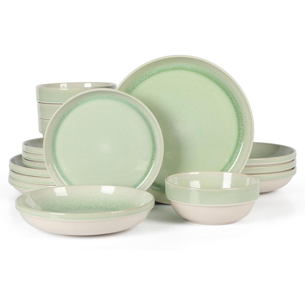 Sur La Table Kitchen Essentials Banquette 16 Piece Double Bowl Plates and Bowls Reactive Glaze Stoneware Dinnerware Set – Green(Green)