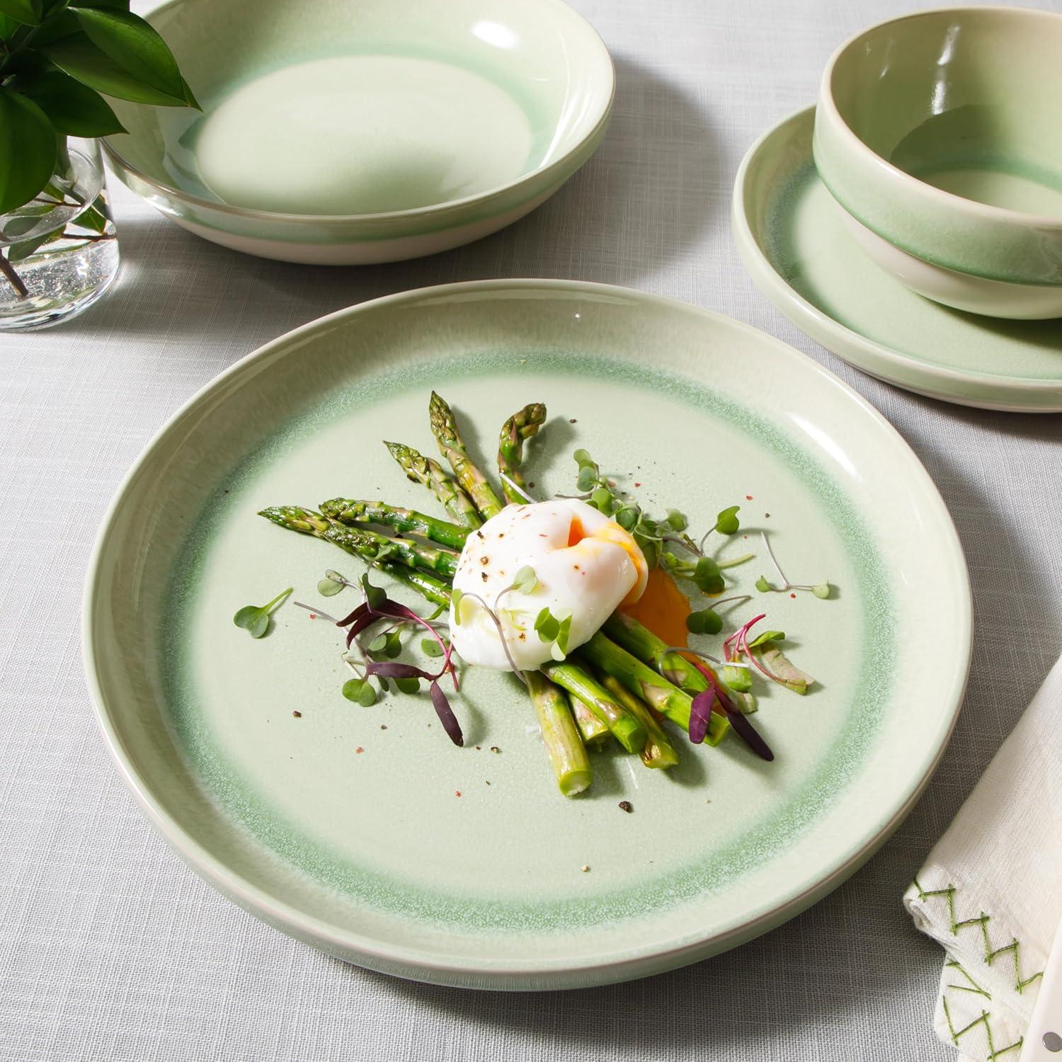 Sur La Table Kitchen Essentials Banquette 16 Piece Double Bowl Plates and Bowls Reactive Glaze Stoneware Dinnerware Set – Green(Green) - view 5