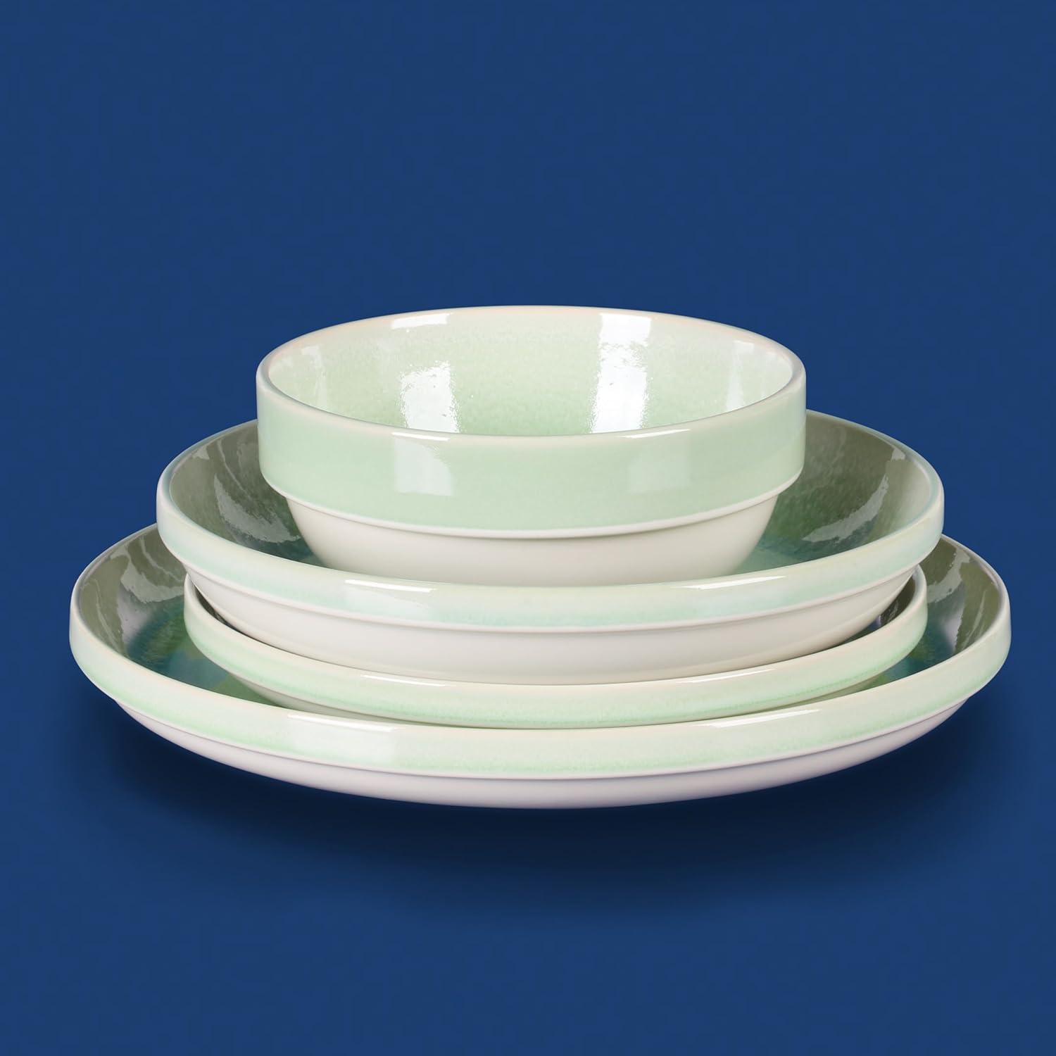 Sur La Table Kitchen Essentials Banquette 16 Piece Double Bowl Plates and Bowls Reactive Glaze Stoneware Dinnerware Set – Green(Green) - view 6
