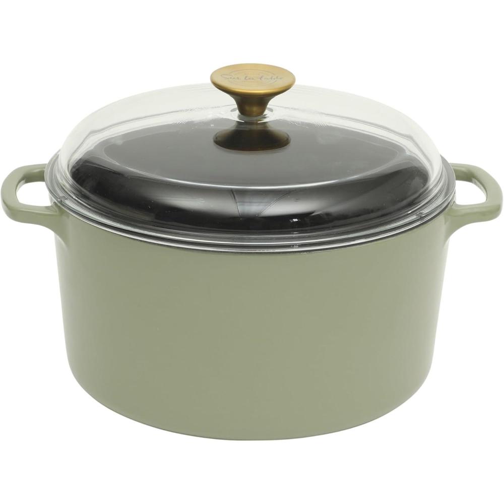 Sur La Table Kitchen Essential Main Canteen 9.5″ Pre-Seasoned Cast Iron Skillet w/Wood Handle, Natural Nonstick Lightweight Frying Pan for Searing, Sautéing & Everyday Cooking – Blue(Juniper Green (5qt Dutch))