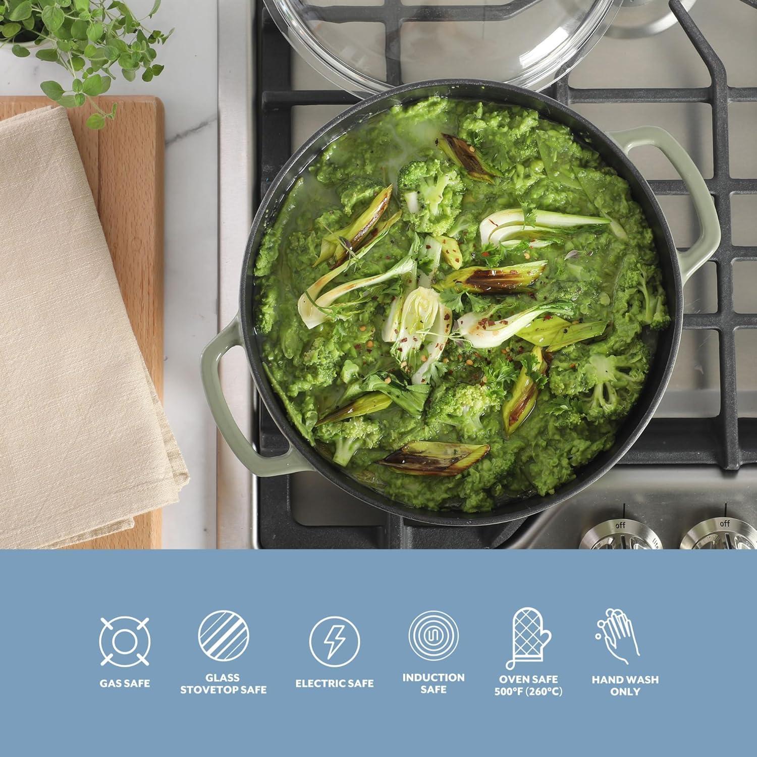 Sur La Table Kitchen Essential Main Canteen 9.5″ Pre-Seasoned Cast Iron Skillet w/Wood Handle, Natural Nonstick Lightweight Frying Pan for Searing, Sautéing & Everyday Cooking – Blue(Juniper Green (5qt Dutch)) - view 6