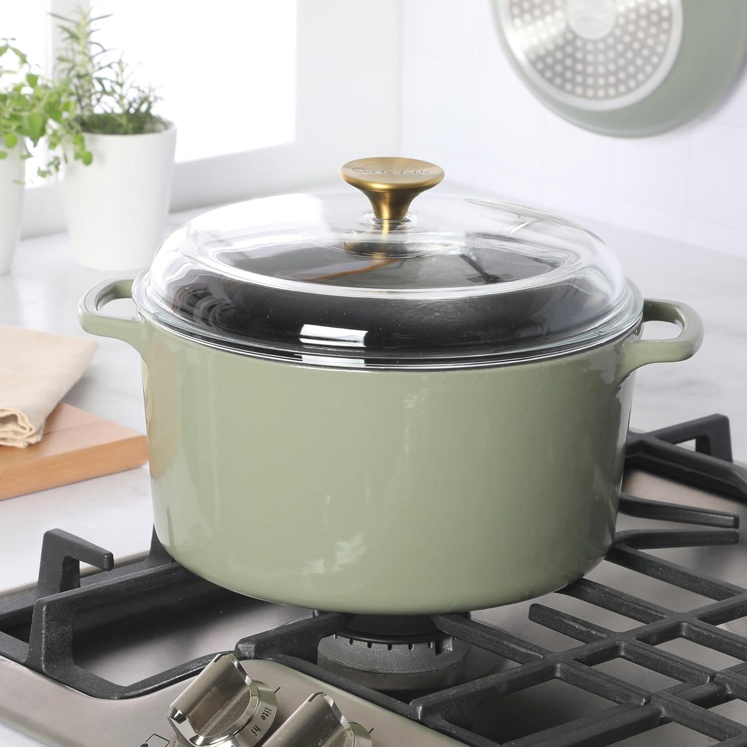 Sur La Table Kitchen Essential Main Canteen 9.5″ Pre-Seasoned Cast Iron Skillet w/Wood Handle, Natural Nonstick Lightweight Frying Pan for Searing, Sautéing & Everyday Cooking – Blue(Juniper Green (5qt Dutch)) - view 7