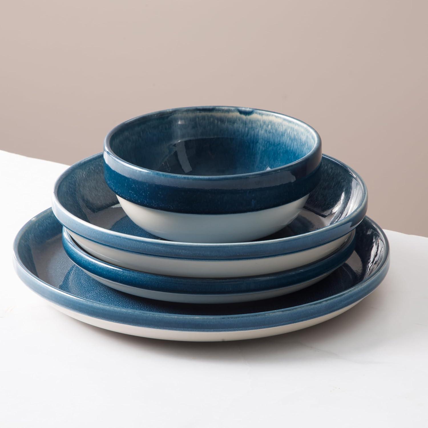 Sur La Table Kitchen Essentials Banquette 16 Piece Double Bowl Plates and Bowls Reactive Glaze Stoneware Dinnerware Set – Black(Blue) - view 3