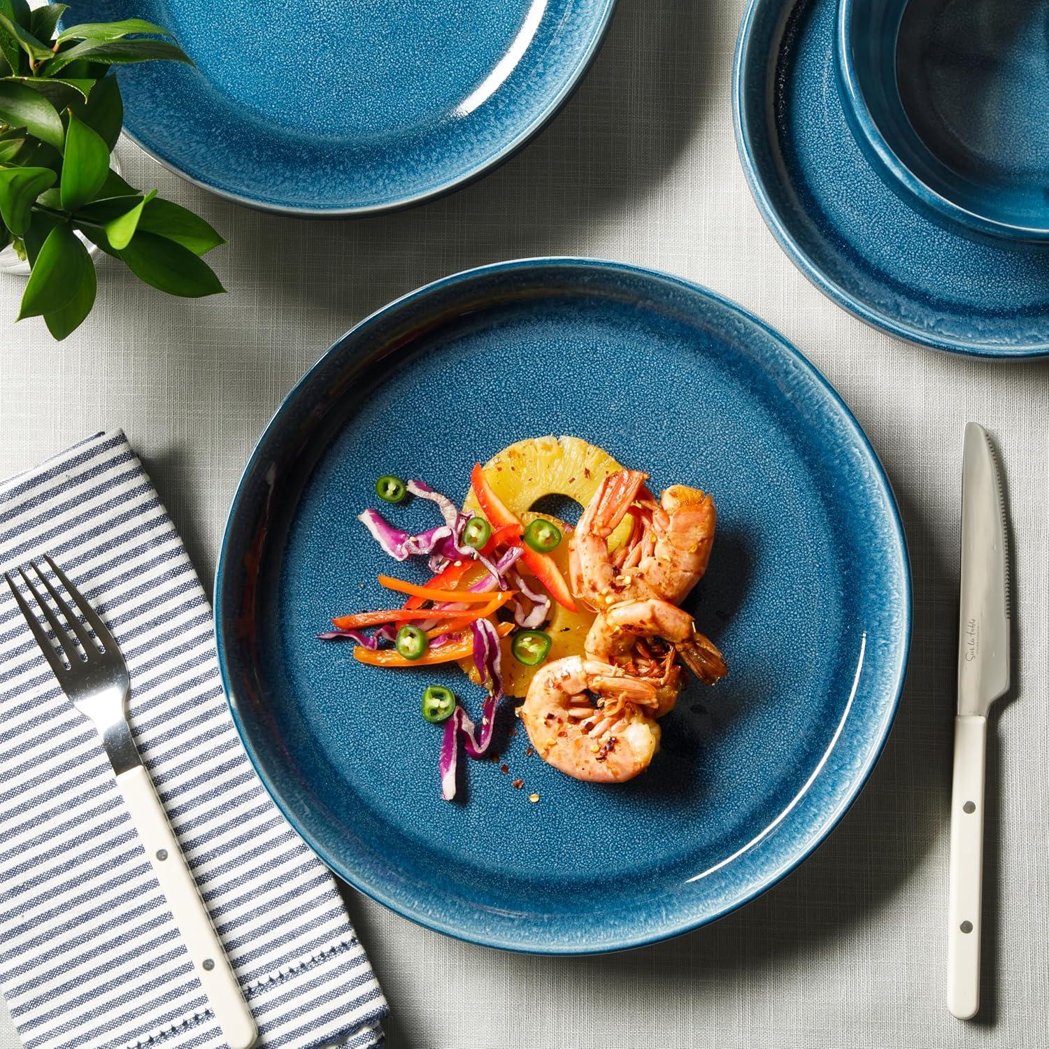 Sur La Table Kitchen Essentials Banquette 16 Piece Double Bowl Plates and Bowls Reactive Glaze Stoneware Dinnerware Set – Black(Blue) - view 4